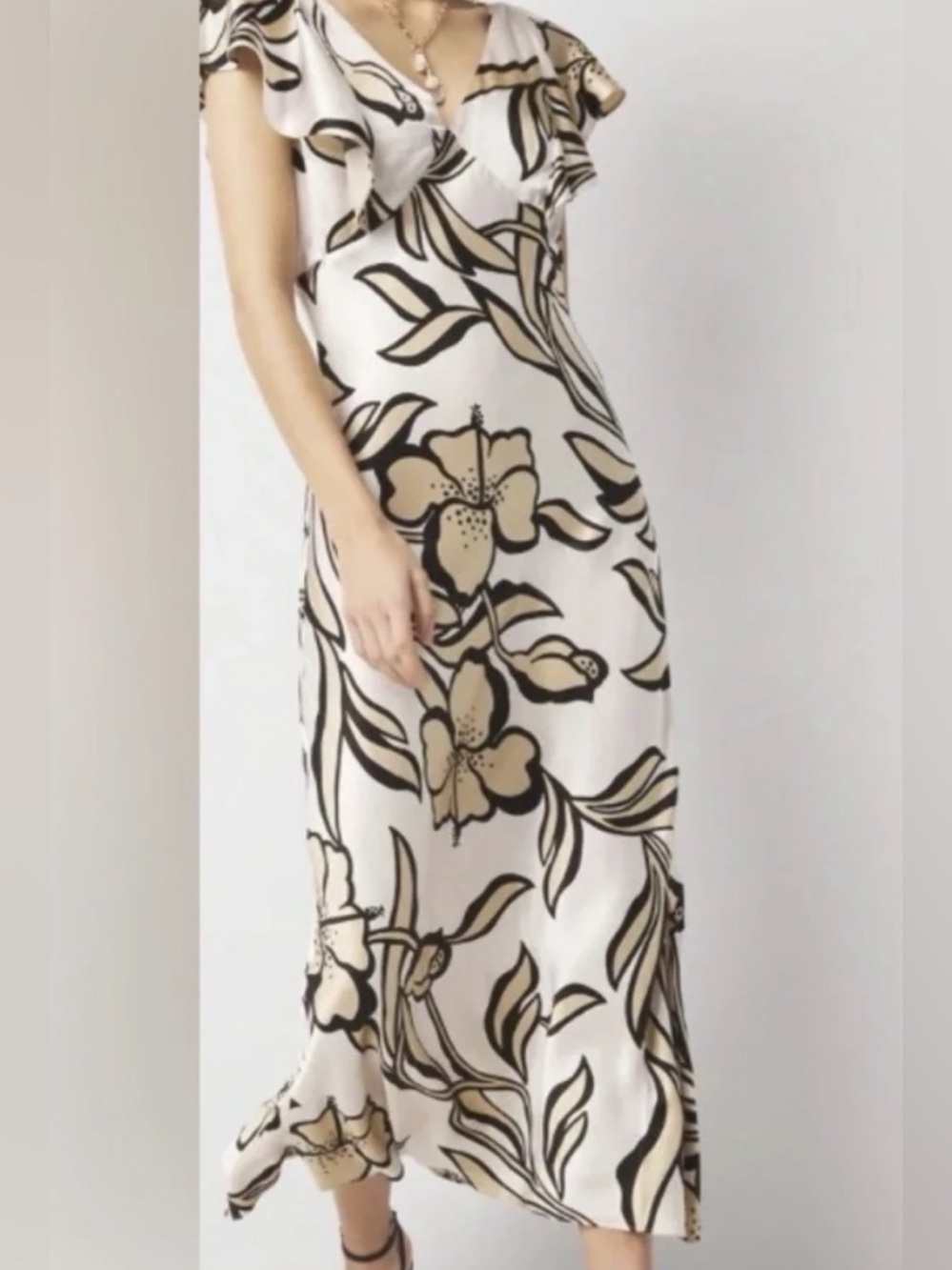 White House Black Market Beige and Black Floral V-Neck Midi Dress size 12